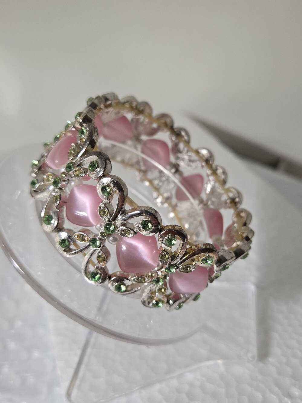 Vintage Pink and Green Floral Bracelet With Green Rhinestones
